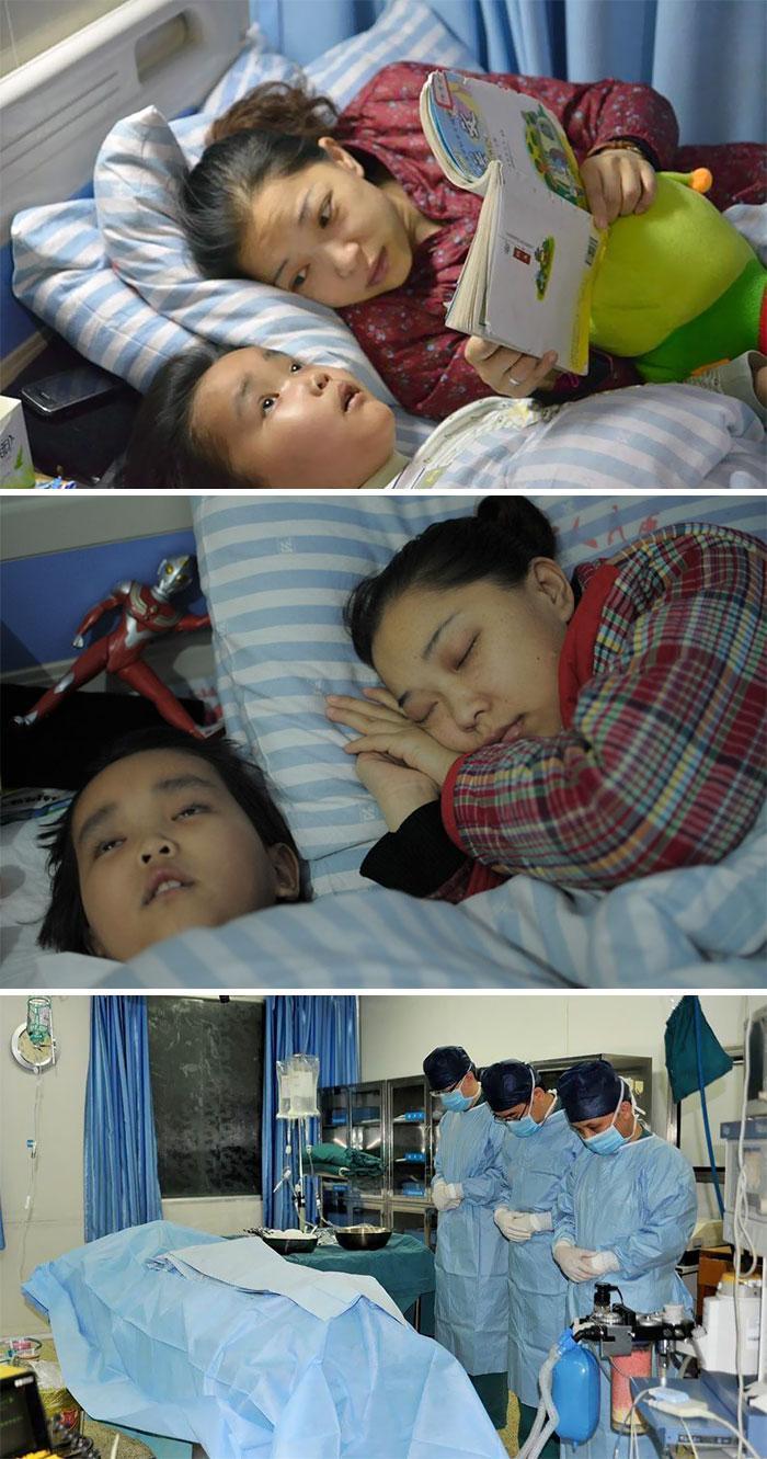 Fotos do garoto e sua mãe no hospital. Abaixo os médicos lamentando a morte da criança
